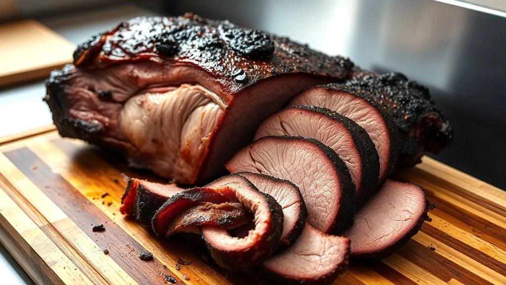 A smoked brisket with a dark bark crust on a wooden board, several slices fanned off the end showing the smoke ring.