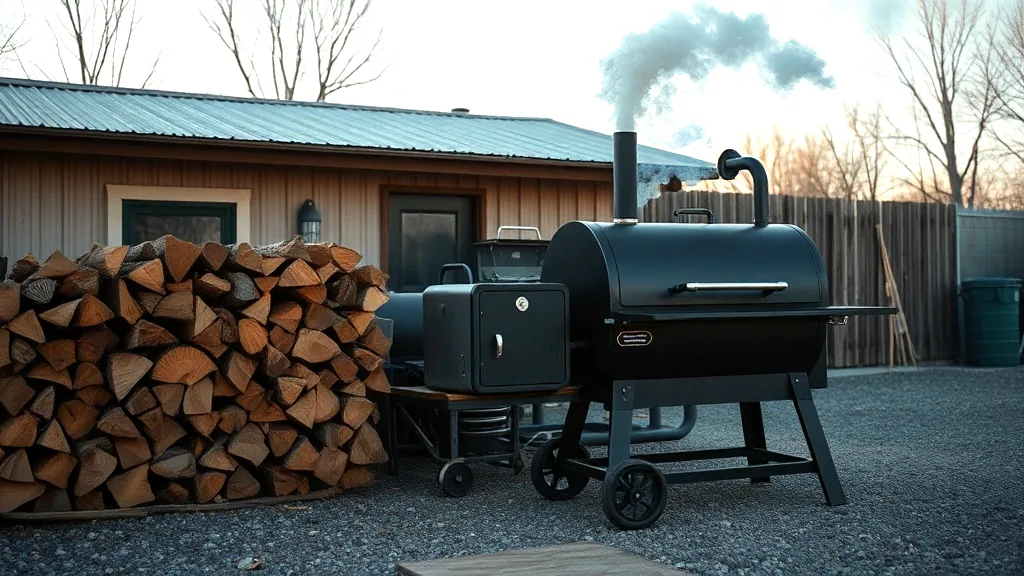 A black offset barbecue smoker with thin smoke rising from its stack, a long stack of split firewood beside it on gravel behind a metal roofed building at dawn.