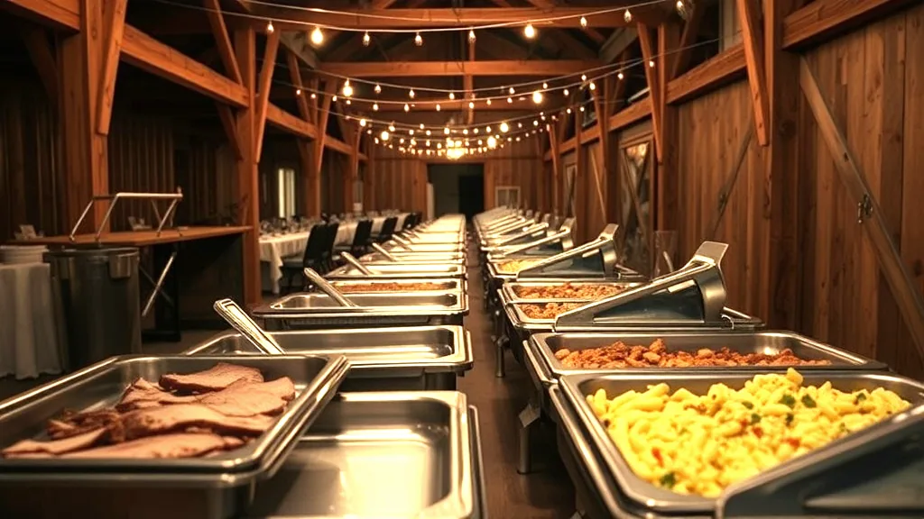 A long line of open stainless chafing pans holding sliced meat and pasta inside a timber barn, strings of bulbs overhead and set tables running away behind it.