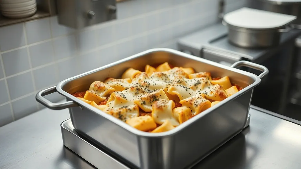 A deep stainless pan of baked pasta with browned cheese across the top, sitting on a steel prep table in a working kitchen.