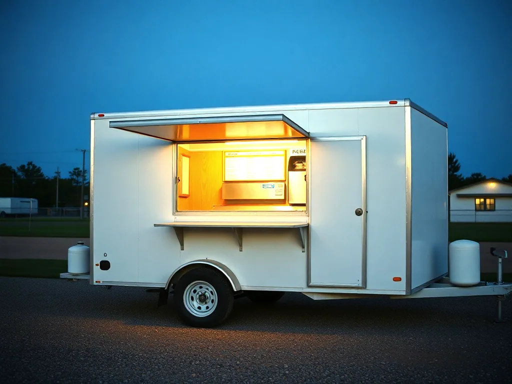 A white concessions trailer parked on gravel at dusk with its serving window propped open and the interior lit warm yellow.